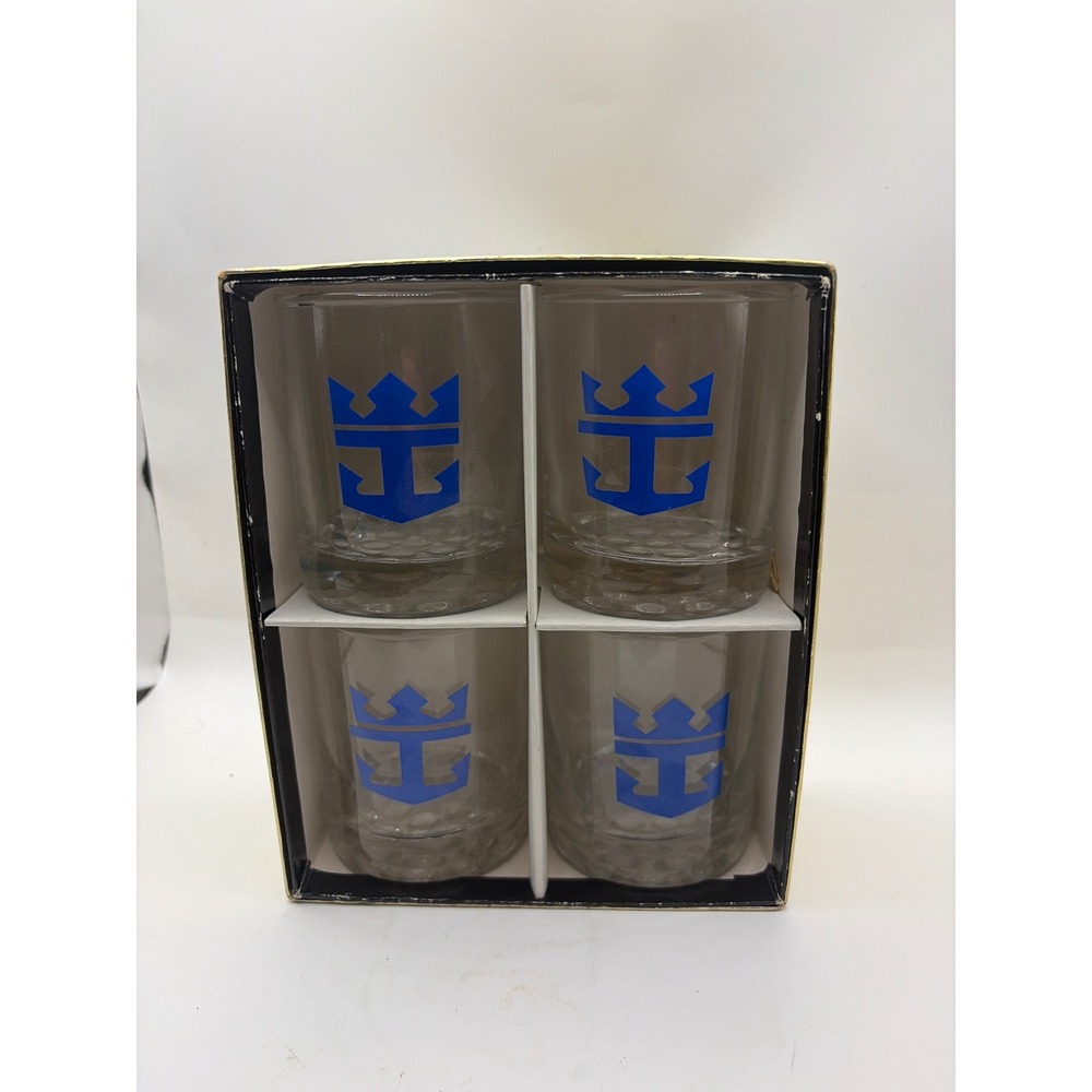 Royal Caribbean International Rocks Glasses Set of 4 Blue Crown Anchor 3.25